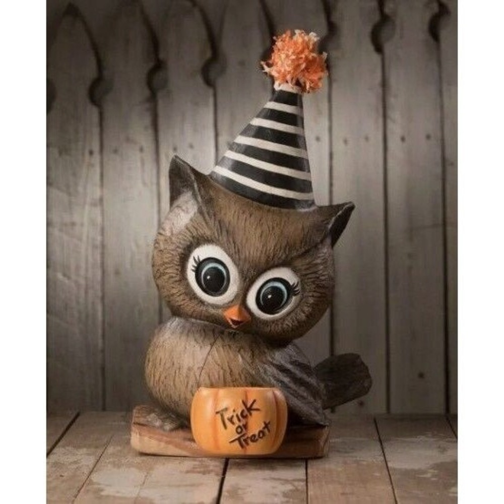 Bethany Lowe Halloween HOOT Owl‎ with Pumpkin Pail Figurine TL1371 New
